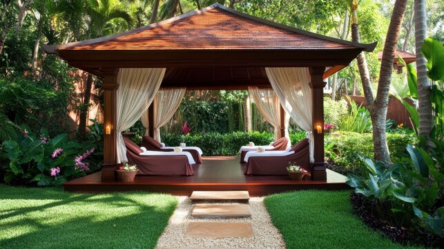 Tranquil spa cabana in a lush garden setting