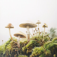 Fototapeta premium soft brown mushrooms emerging from green moss in a misty forest setting