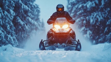 Man on a snowmobile driving on winter snow resort landscape