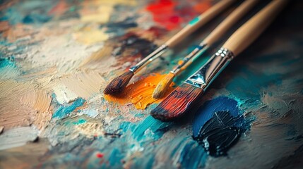 Fototapeta premium Vibrant paints on an artists palette create a stunning visual, while a blurred backdrop enhances the colorful scene.