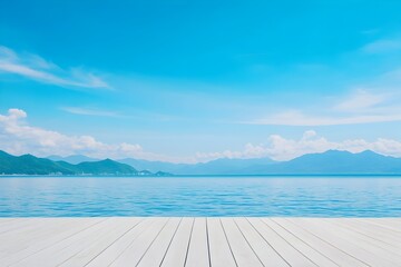 Fototapeta premium Serene Lakeside Dock with Mountainous Landscape Reflecting in Calm Waters