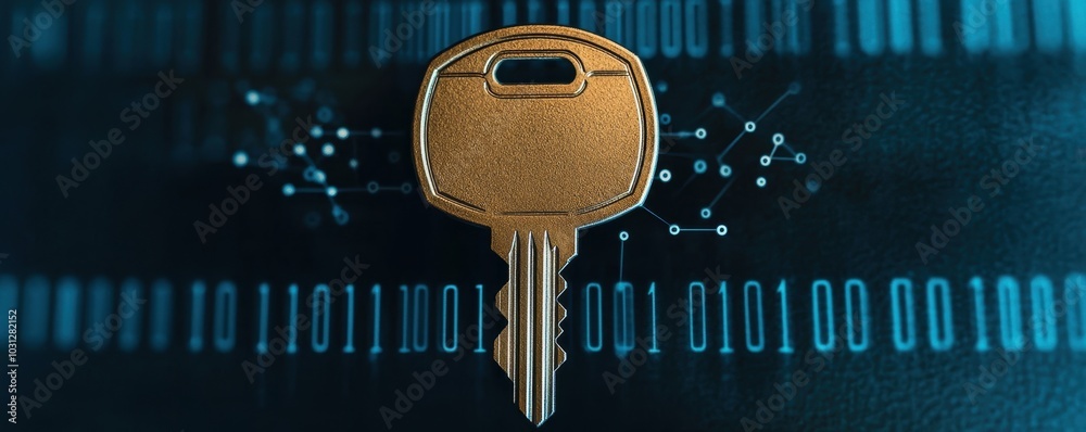 Poster giant digital key floating above personal data points symbolizing encryption and protection