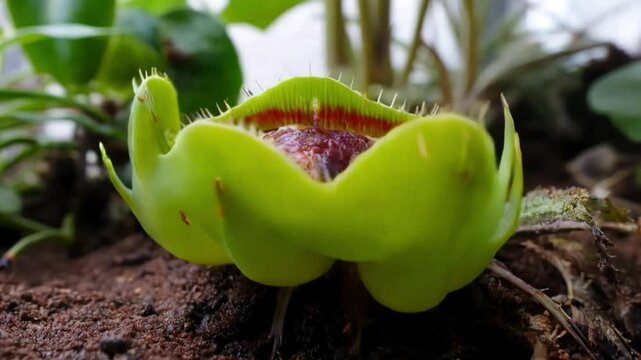 Footage of a Venus flytrap closing around its prey, emphasizing the rapid movement.
