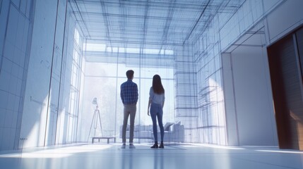 A couple planning to renovate their home, examines the wireframes of their dream home along with interior design sketches, furniture layouts, and lighting examples for the living room.