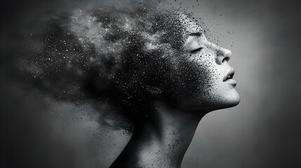A surreal portrait of a woman with a dissolving head effect.