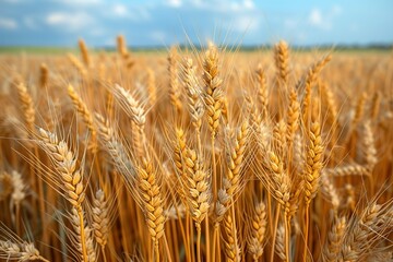 Fototapeta premium A close-up view of golden wheat stalks in a field under a blue sky.