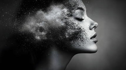 A profile of a woman merging with cosmic elements in black and white.