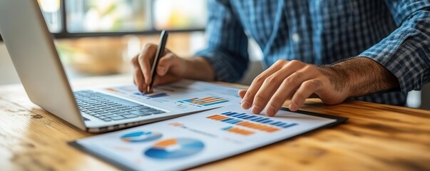 Startup founder working on an eCommerce pitch deck, digital charts and presentation slides on a laptop pitch deck, business plan