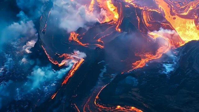 Underwater volcanic eruption process. Landscape of volcano with exploding and flowing lava and magma under the sea. Hot volcanic magma eruption and exploding with smoke infernal. Natural disaster