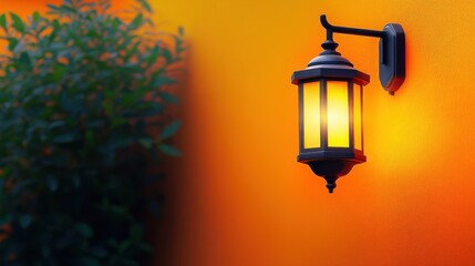 Classic wall lantern against an orange background with text space