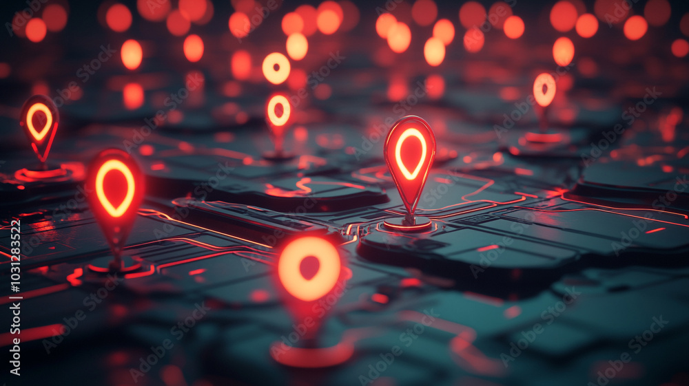 Poster illuminated map with multiple navigation markers glowing in a dark setting at night