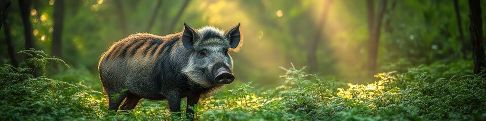 Majestic Wild Boar Roaming in Lush Green Forest with Sunbeams Creating a Serene and Enchanting Natural Wildlife Scene