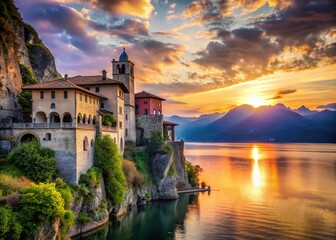 Breathtaking Double Exposure of Santa Caterina del Sasso Monastery on Lago Maggiore, Italy - Artistic Landscape