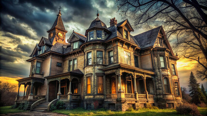Obraz premium grand Victorian mansion stands solitary under a dramatic sky, its weathered facade hinting at a rich history.