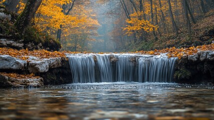 Autumn waterfall with golden leaves cascading over rocky ledge