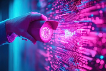 Close up view of a human hand interacting with a futuristic high tech digital interface displaying lines of computer code data visualizations