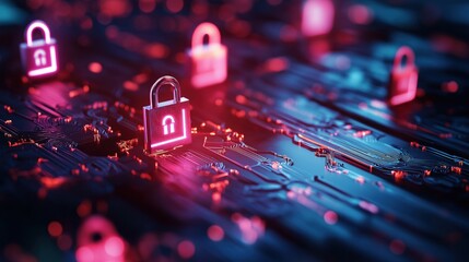 Conceptual digital showcasing cybersecurity data protection and network safety with locks passwords and circuit board elements on a dark abstract background