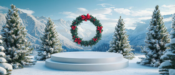 A scenic winter landscape features a snowy platform, vibrant wreath, and evergreen trees against a backdrop of mountains and a clear blue sky.