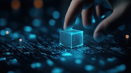 Futuristic 3D cube hologram floating in a digital cyberspace backdrop with technological interface and abstract data network  Concept of intelligence coding and cutting edge technology
