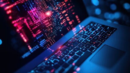 Futuristic abstract background with a digital matrix grid binary code and other technology elements representing intelligence computer programming and digital transformation