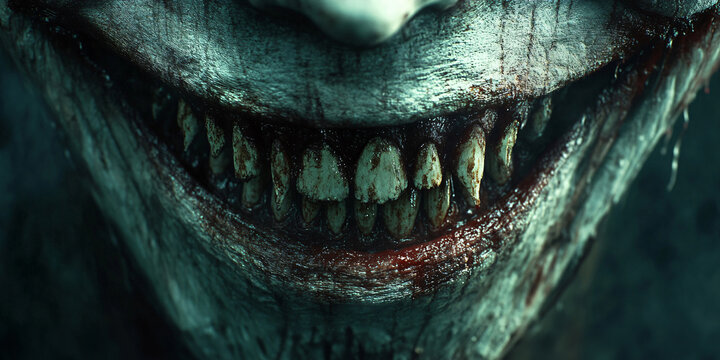 close up Creepy Smile with Bloody Teeth