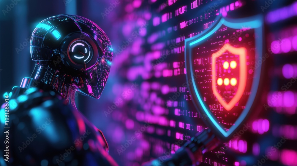 Poster futuristic cybersecurity concept with a glowing neon shield and circuit elements in a digital abstra