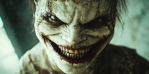 Creepy Smile. A close-up portrait of an evil clown with a terrifying smile and blood around its mouth.