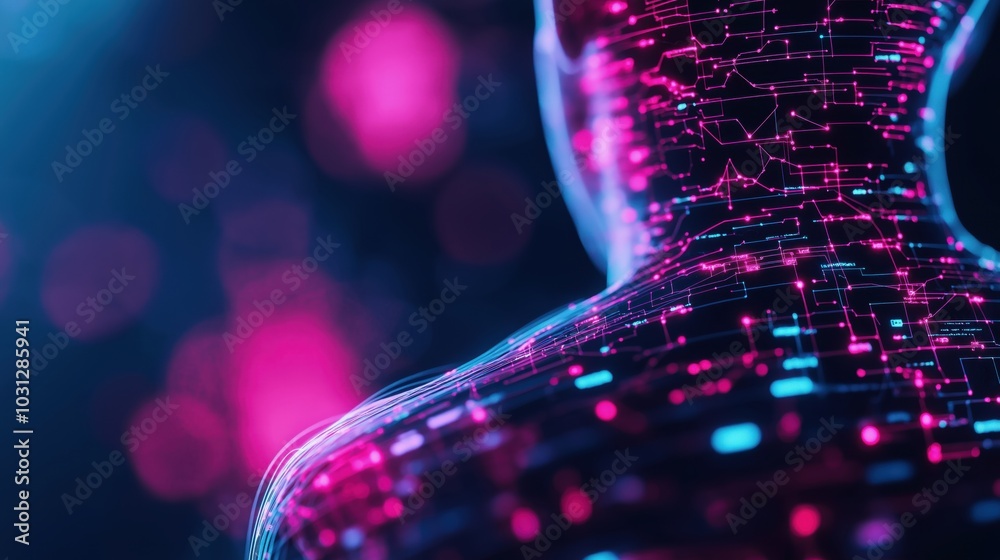 Poster futuristic digital network abstract with glowing geometric shapes and particles conceptual visualiza