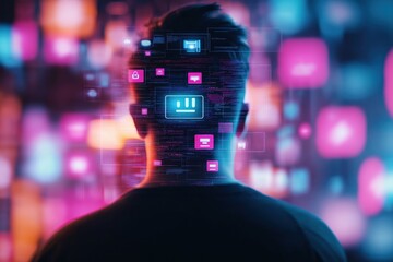 Futuristic digital portrait of a cyborg avatar with a glowing neon interface conveying the concept of intelligence virtual reality and the of technology with the human form  The dark