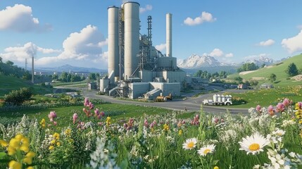 Obraz premium A large industrial cement factory with smokestacks and silos, surrounded by a field of wildflowers and green grass.