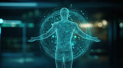 Glowing digital human like figure in a futuristic abstract space environment with swirling particles and energy visualization  Represents the intersection of technology biology and the cosmos