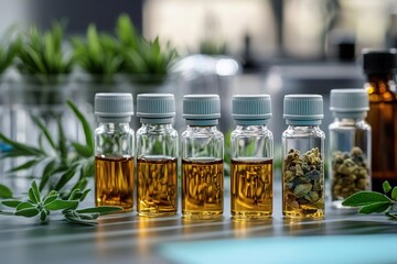 Essential oil bottles with herbs, blurred background