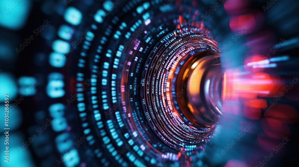 Poster mesmerizing abstract image depicting a dynamic swirling vortex of digital energy light and technolog