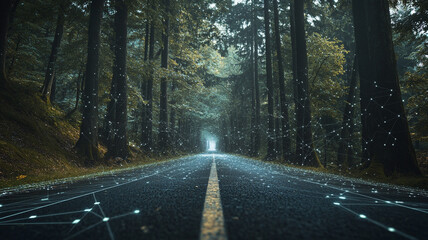 Obraz premium A digital pathway through a forest illuminated by ethereal light and networked connections