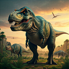 Fototapeta premium Did you know that T-Rex might have had lips? Recent studies suggest that T-Rex may have had fleshy lips covering their teeth, unlike the toothy grin we're used to seeing in movies.