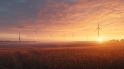 Obraz premium Breathtaking sunrise over a wind farm in a tranquil rural setting showcasing renewable energy