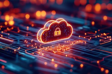 Secure cloud technology glowing digital infographic with futuristic circuit board and neon lighting  Concept for business and finance growth opportunity
