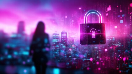 Stunning futuristic cityscape with a glowing neon skyline high tech skyscrapers and a prominent padlock security icon representing the digital world data privacy and technological progress
