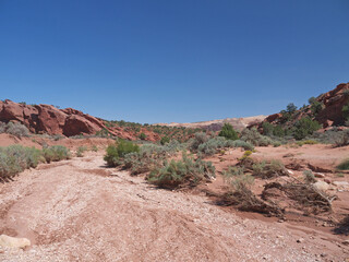 Approaching famous Buckskin Gulch canyon, hiking by the dry riverbed and red rocky Arizona desert landscape