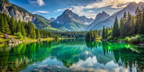 Obraz premium Tranquil Serenity of a Pristine Mountain Lake Reflected in Crystal-Clear Water, Surrounded by Majestic Peaks and a Lush Forest