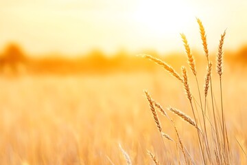 Fototapeta premium Golden Wheat Field Against Warm Sky at Sunset or Sunrise in Countryside Landscape