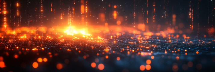 Fototapeta premium Abstract digital background with glowing orange and blue particles.