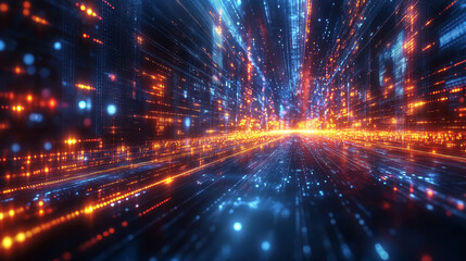 A digital city with glowing lights and lines, creating a sense of speed and motion.