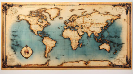 Vintage world map with intricate details and a compass rose.