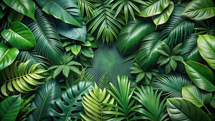 A vibrant tapestry of emerald leaves, arranged in a captivating circular composition, showcases the intricate details and diverse textures of tropical foliage.
