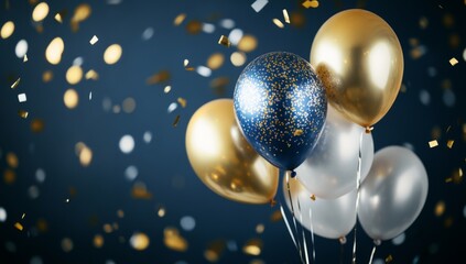 Gold, blue, and white balloons with confetti on a dark blue background.