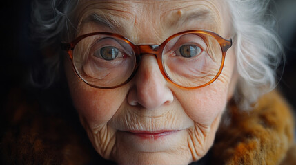 Close-up portrait of a senior woman wearing glasses, her eyes filled with wisdom and experience.