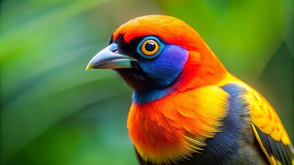 A vibrant bird with a captivating gaze, adorned with a plumage of fiery orange, deep blue, and rich black, stands out against a verdant backdrop.