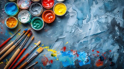 Art supplies with paint brushes and colorful paints on textured background. Creative workspace flat lay composition with copy space. Design for banner, marketing, poster, art blog.