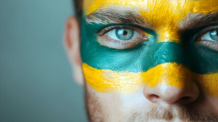 Close-up of a person with face paint in green and yellow stripes.